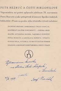 Nováček, Josef – Petr Bezruč a čeští bibliofilové, Z materiálií k počátkům českého bibliofilského hnutí a k historii prvého vydání Slezských písní (podpis)