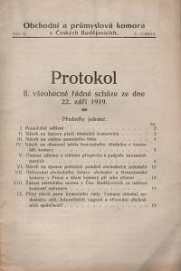 134605. Brdlík, Josef / Hromada, František / Svěrák, Vlad. – Protokol II. všeobecné řádné schůze ze dne 22. září 1919
