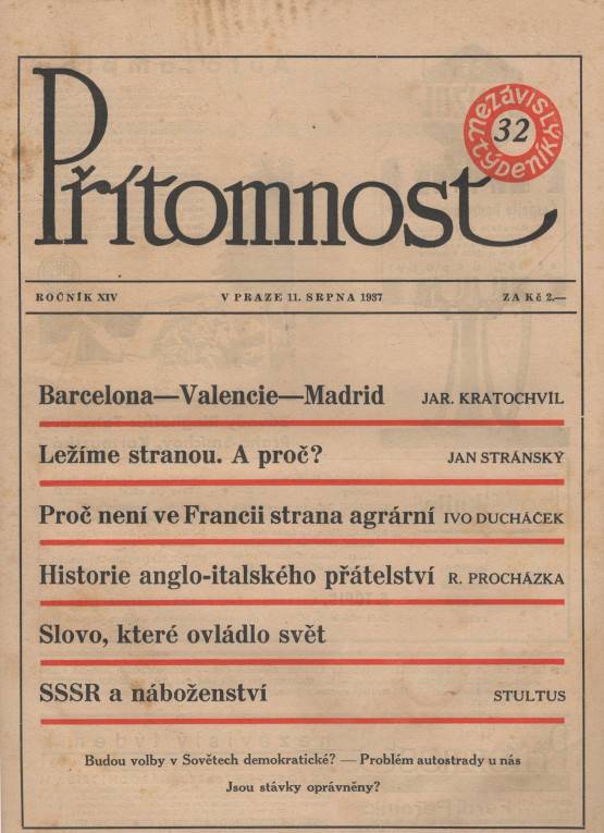 Přítomnost, Nezávislý týdeník, Ročník XIV., číslo 32 (11. srpna 1937)