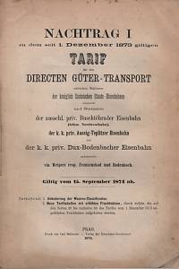 59526. Nachtag I zu dem seit 1. Dezember 1873 giltigen Tarif für den Directen Güter-Transport zwischen Stationen der königlich Sächsischen Staats-Eisenbahnen einerseits und Stationen der ausschl. priv. Buschtěhrader Eisenbahn...