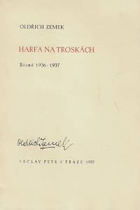Zemek, Oldřich – Harfa na troskách : básně 1936-1937 (podpis)