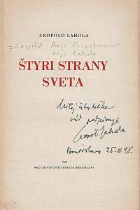 Lahola, Leopold [= Friedmann, Leopold Arje /  = Lahola, Arje] – Štyri strany sveta (podpis)