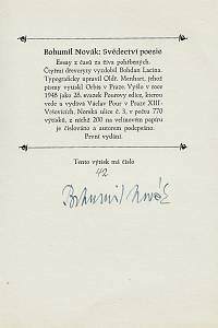 Novák, Bohumil – Svědectví poesie : z časů za živa pohřbených / Bohumil Novák ; čtyřmi dřevoryty vyzdobil Bohdan Lacina (podpis)