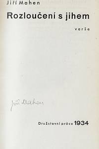 Mahen, Jiří [= Vančura, Antonín] – Rozloučení s jihem : verše (podpis)