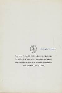 Dostál, Rostislav – Leccos, leckdo, leckde : satirické verše / Rostislav Dostál ; třemi dřevoryty vyzdobil Vojtěch Cinybulk (podpis)