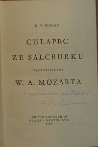 Burian, Karel Vladimír / Michal, Rastislav – Chlapec ze Salcburku, Vyprávění ze života W. A. Mozarta (podpis a kresba)